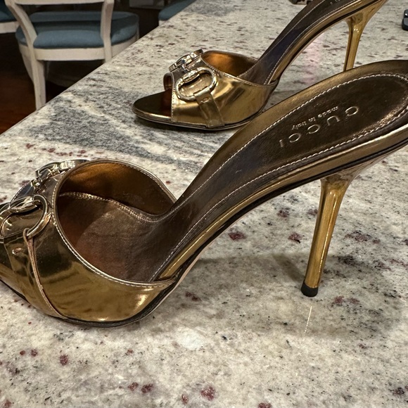 NEW; Authentic Vintage Gucci Metallic Gold Horsebit Open Toe Heels; size 37 (7) - Picture 2 of 12